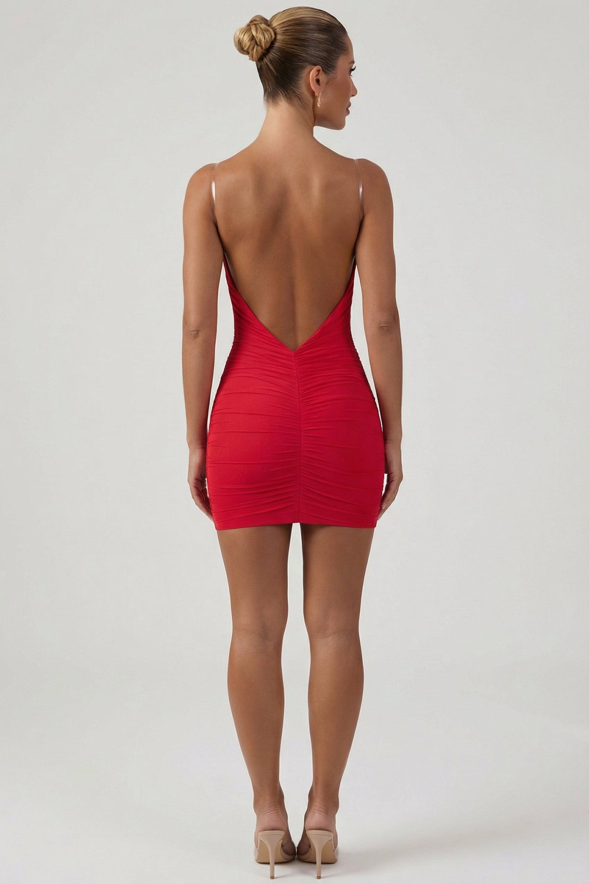 Marina Red Dress with Ruched Body and Open Back