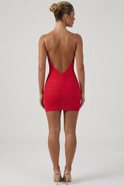 Marina Red Dress with Ruched Body and Open Back