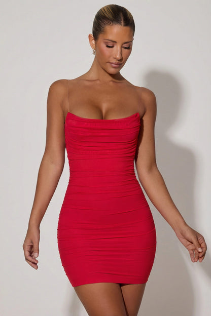 Marina Red Dress with Ruched Body and Open Back