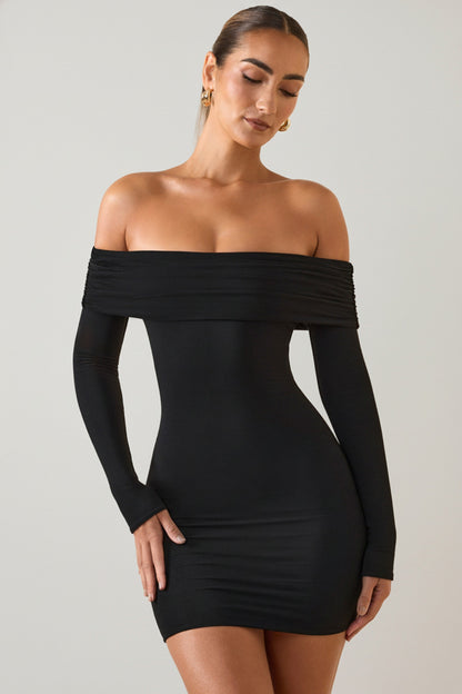 Gwyneth Black Mini Dress with Off Shoulder Neck and Long Sleeves