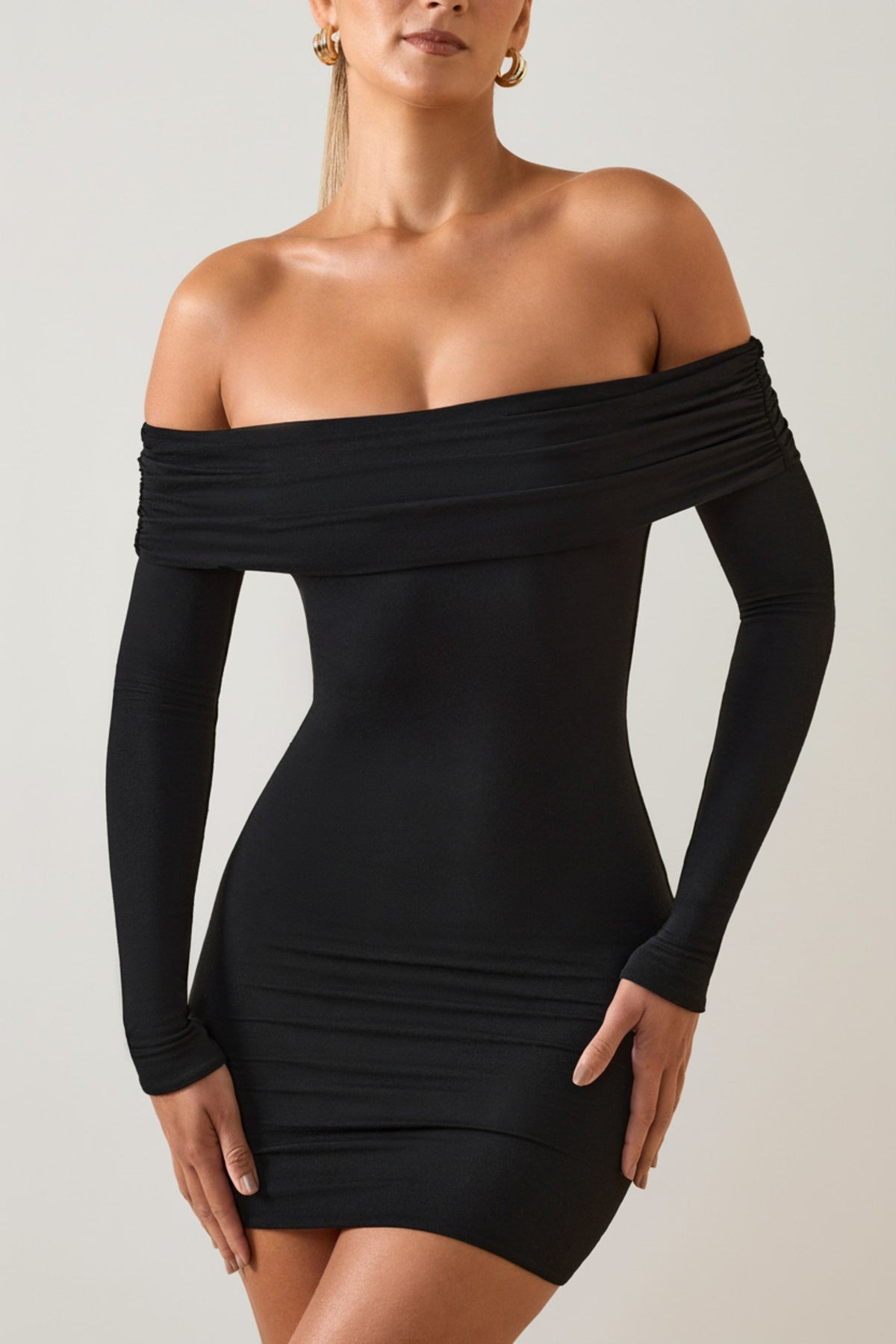 Gwyneth Black Mini Dress with Off Shoulder Neck and Long Sleeves