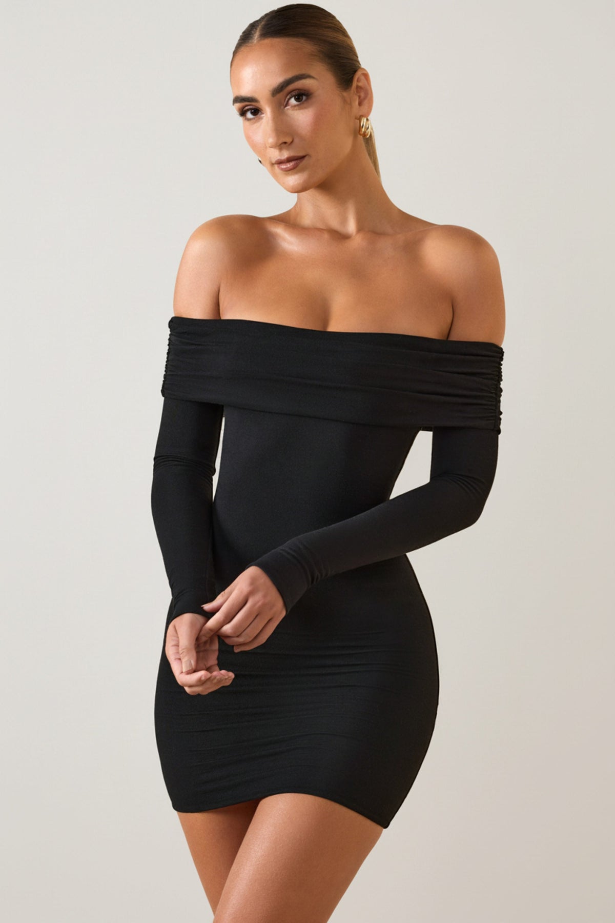 Gwyneth Black Mini Dress with Off Shoulder Neck and Long Sleeves