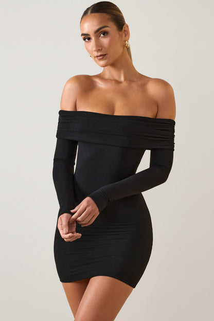 Gwyneth Black Mini Dress with Off Shoulder Neck and Long Sleeves