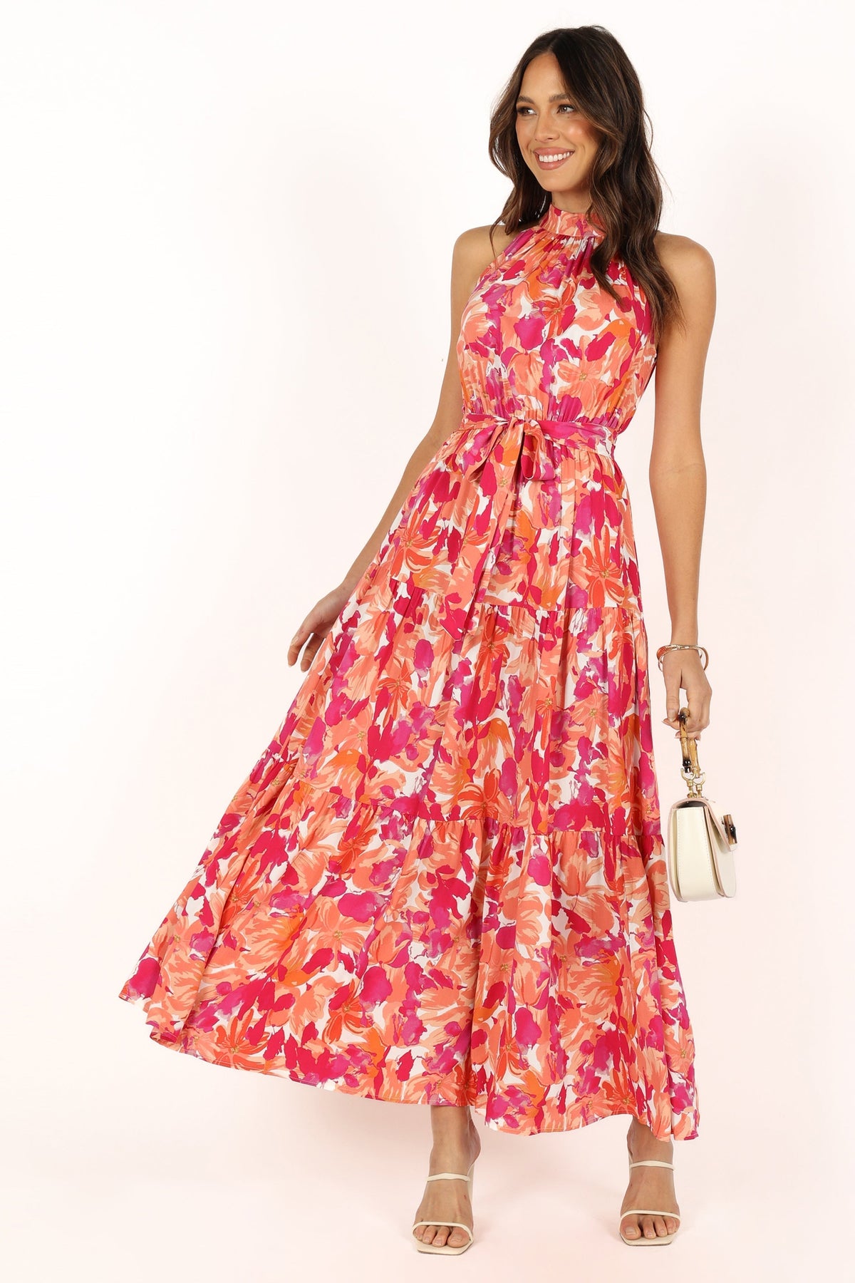 Saoirse Red Dress with Halter Neck and Floral Print