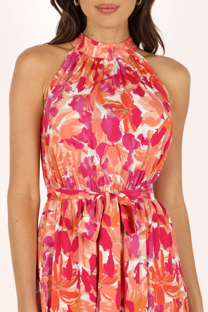 Saoirse Red Dress with Halter Neck and Floral Print