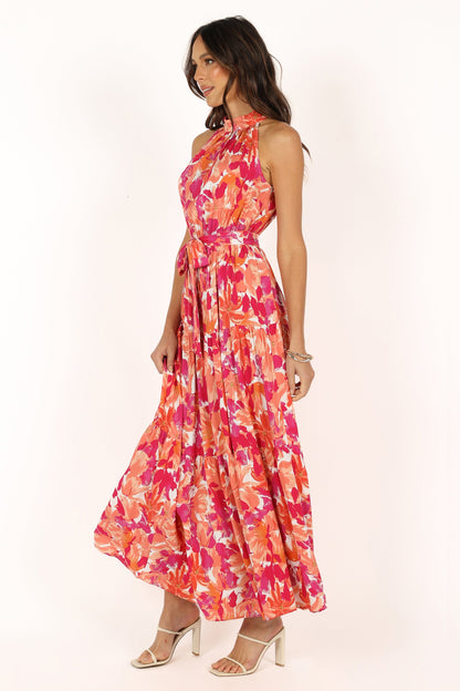 Saoirse Red Dress with Halter Neck and Floral Print