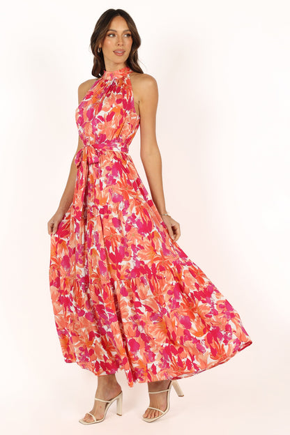 Saoirse Red Dress with Halter Neck and Floral Print