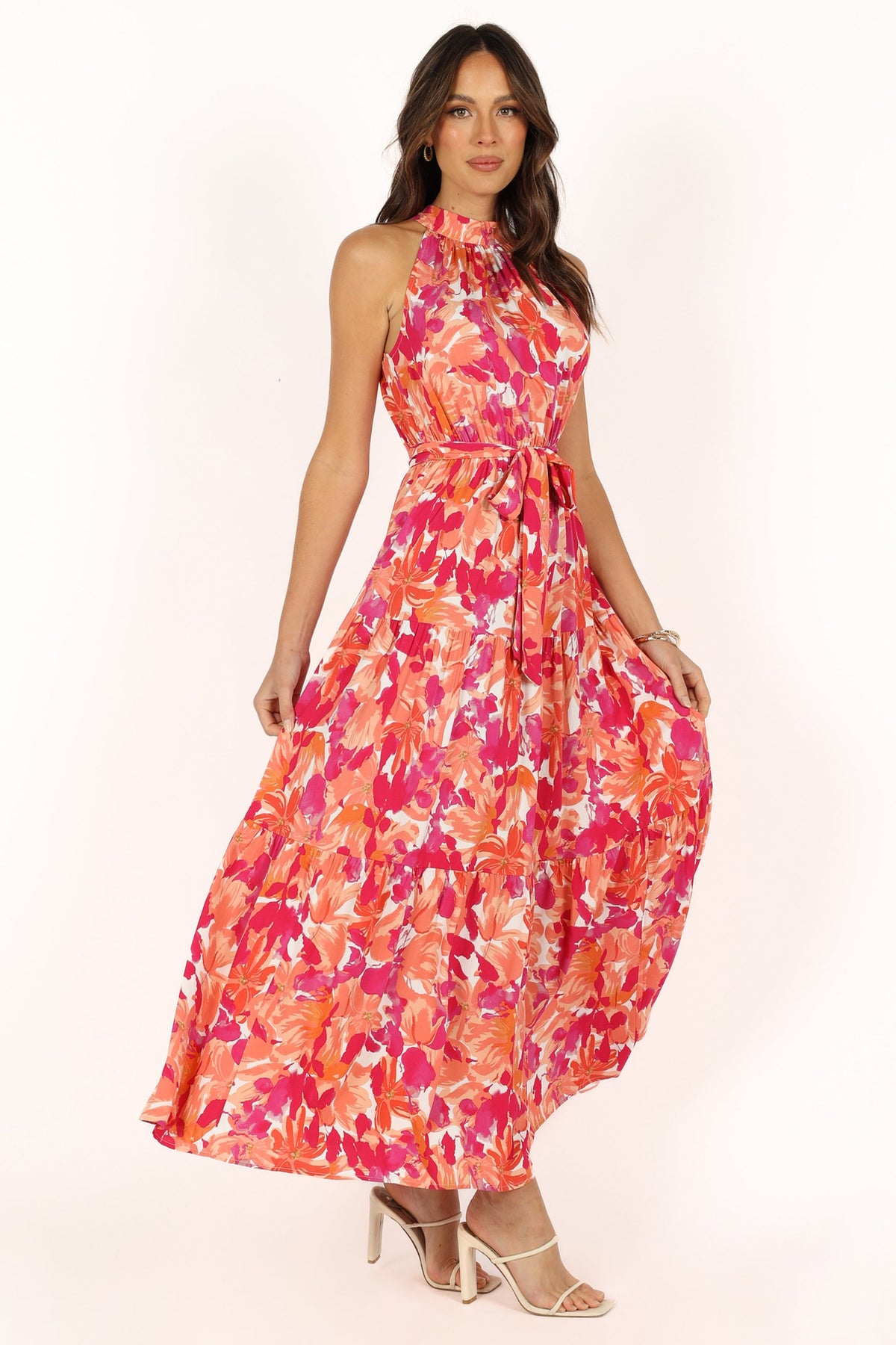 Saoirse Red Dress with Halter Neck and Floral Print