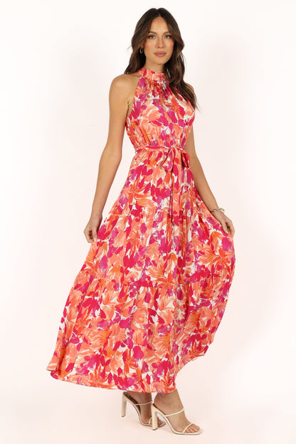 Saoirse Red Dress with Halter Neck and Floral Print