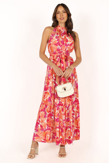 Saoirse Red Dress with Halter Neck and Floral Print