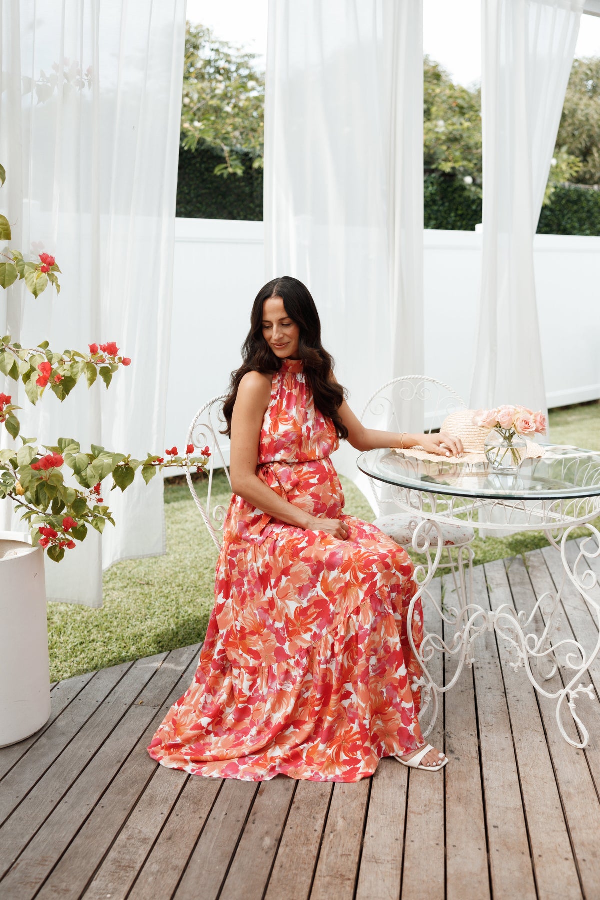 Saoirse Red Dress with Halter Neck and Floral Print