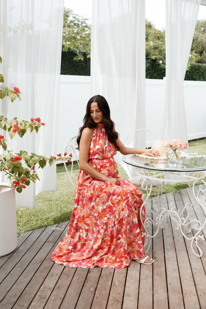 Saoirse Red Dress with Halter Neck and Floral Print