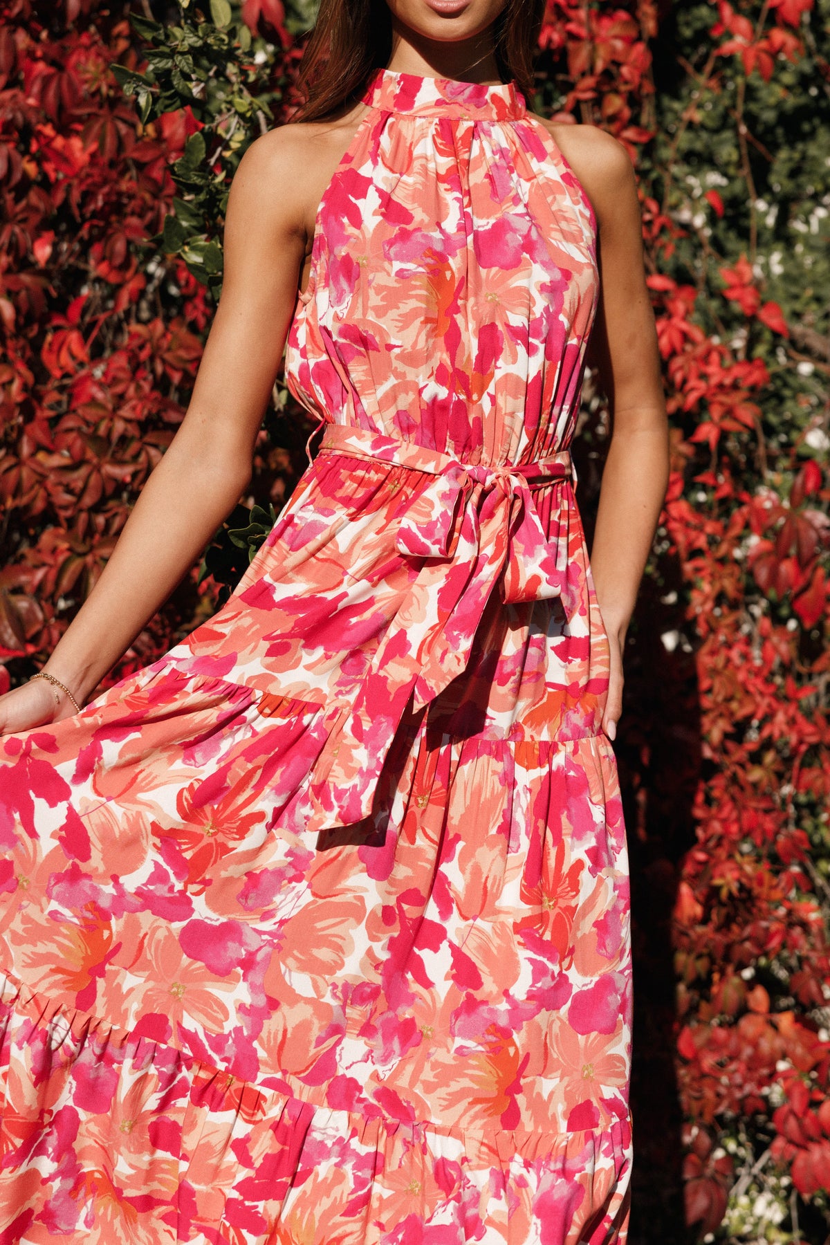 Saoirse Red Dress with Halter Neck and Floral Print