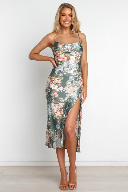 Alma Green Dress with Cowl Neck and Satin Floral Print