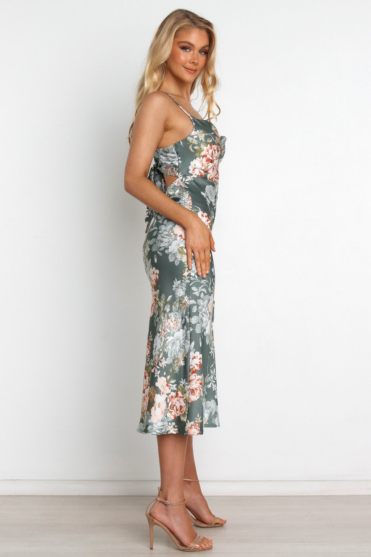 Alma Green Dress with Cowl Neck and Satin Floral Print