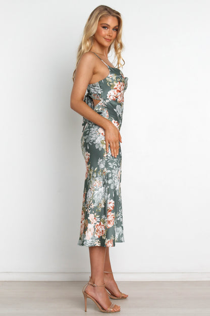 Alma Green Dress with Cowl Neck and Satin Floral Print