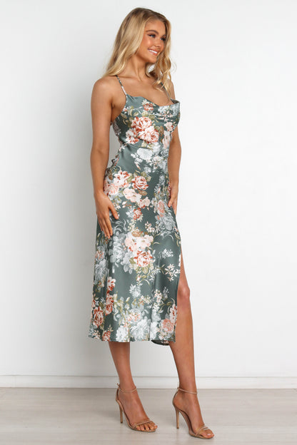 Alma Green Dress with Cowl Neck and Satin Floral Print