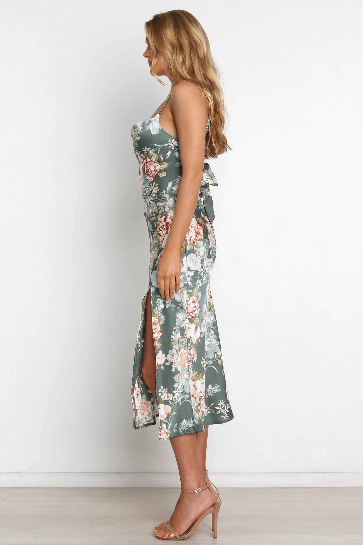 Alma Green Dress with Cowl Neck and Satin Floral Print