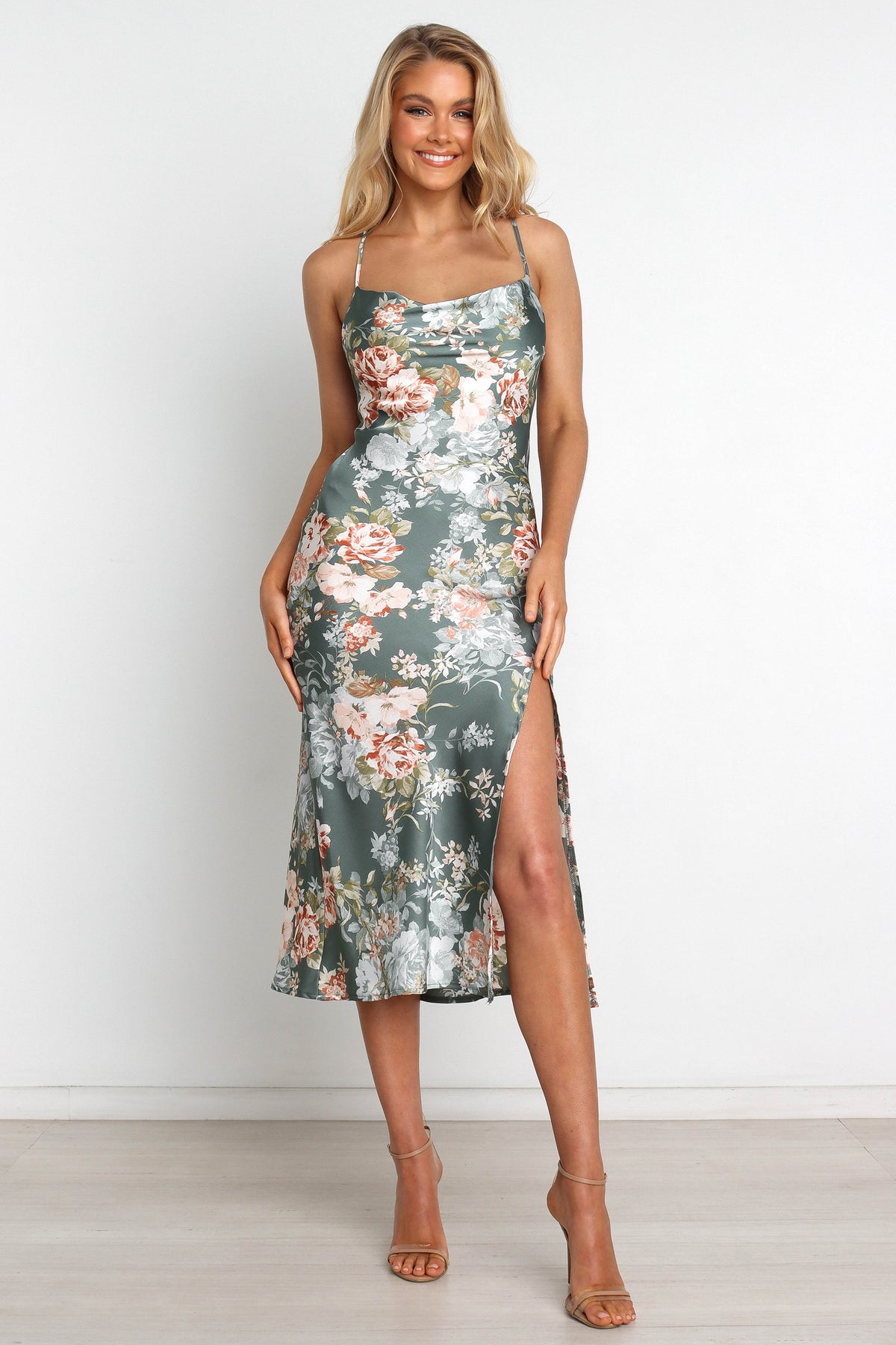 Alma Green Dress with Cowl Neck and Satin Floral Print