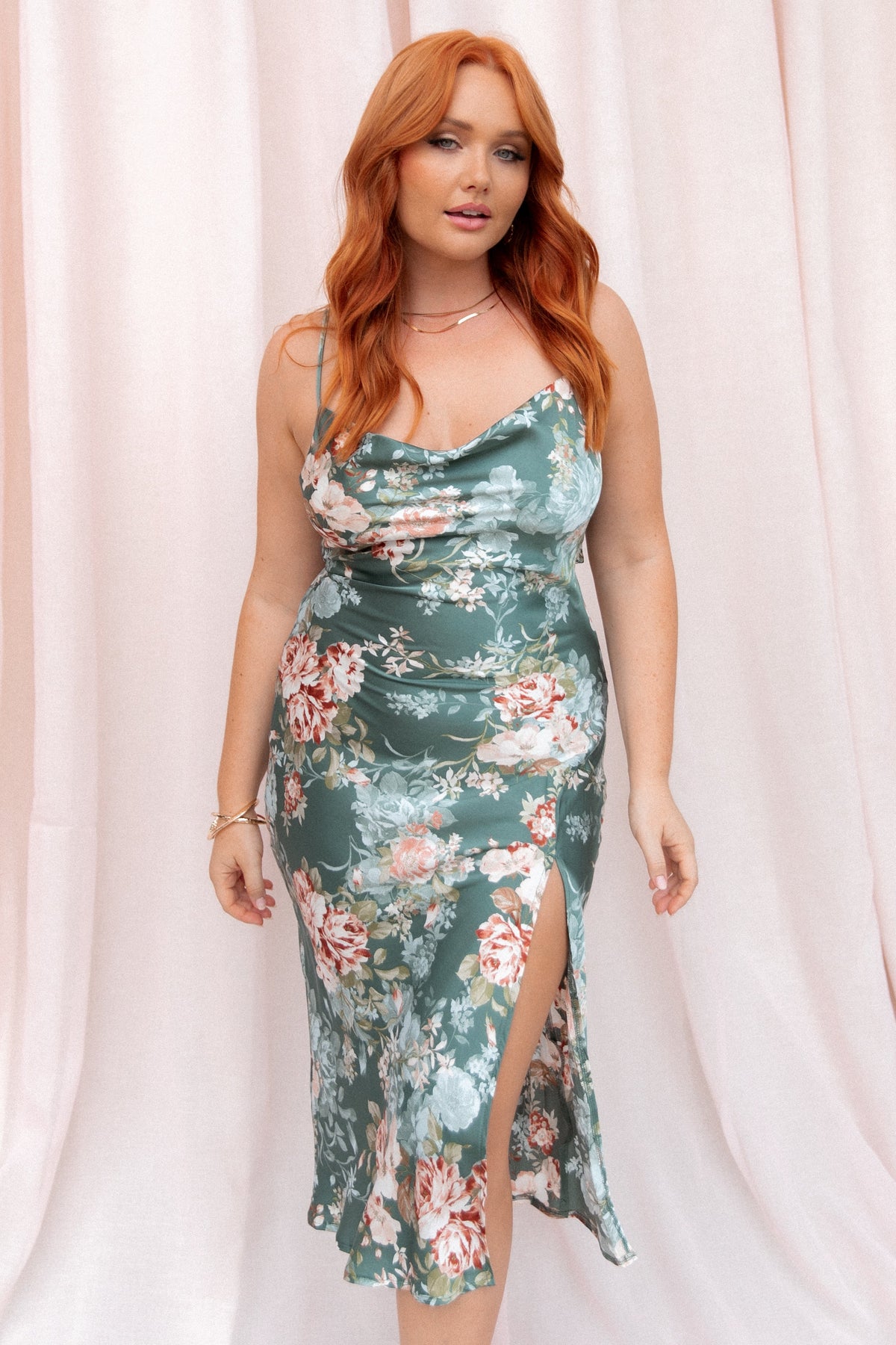 Alma Green Dress with Cowl Neck and Satin Floral Print