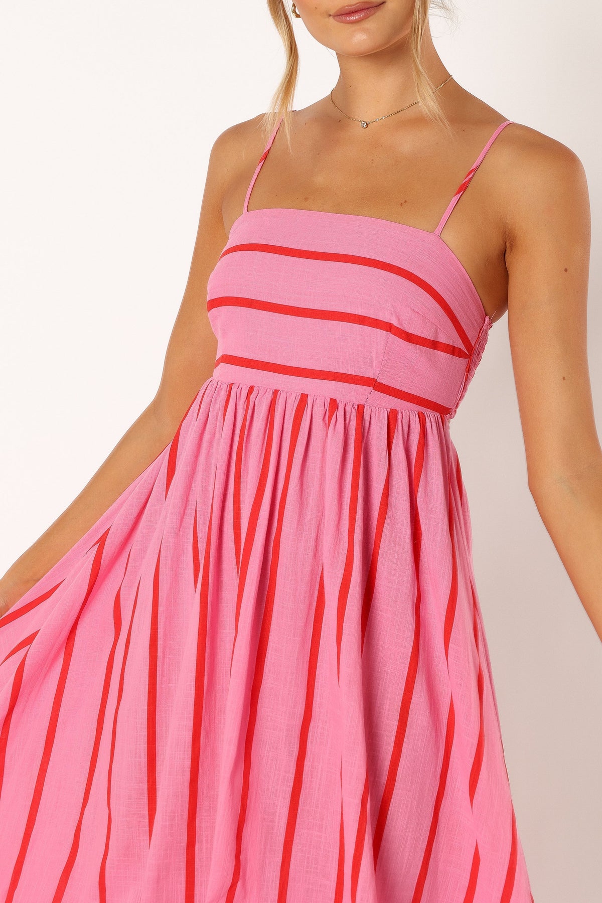 Martina Red Dress with Stripe Print and Tiered Skirt
