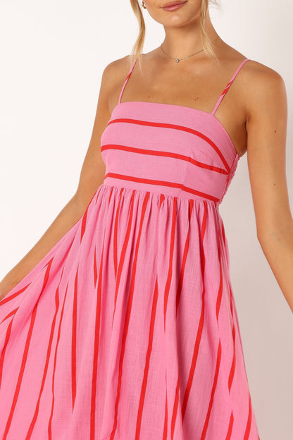 Martina Red Dress with Stripe Print and Tiered Skirt
