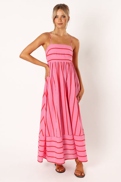 Martina Red Dress with Stripe Print and Tiered Skirt