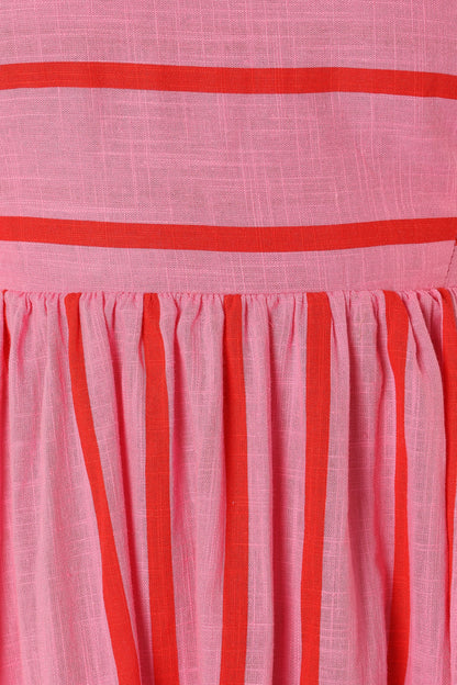 Martina Red Dress with Stripe Print and Tiered Skirt