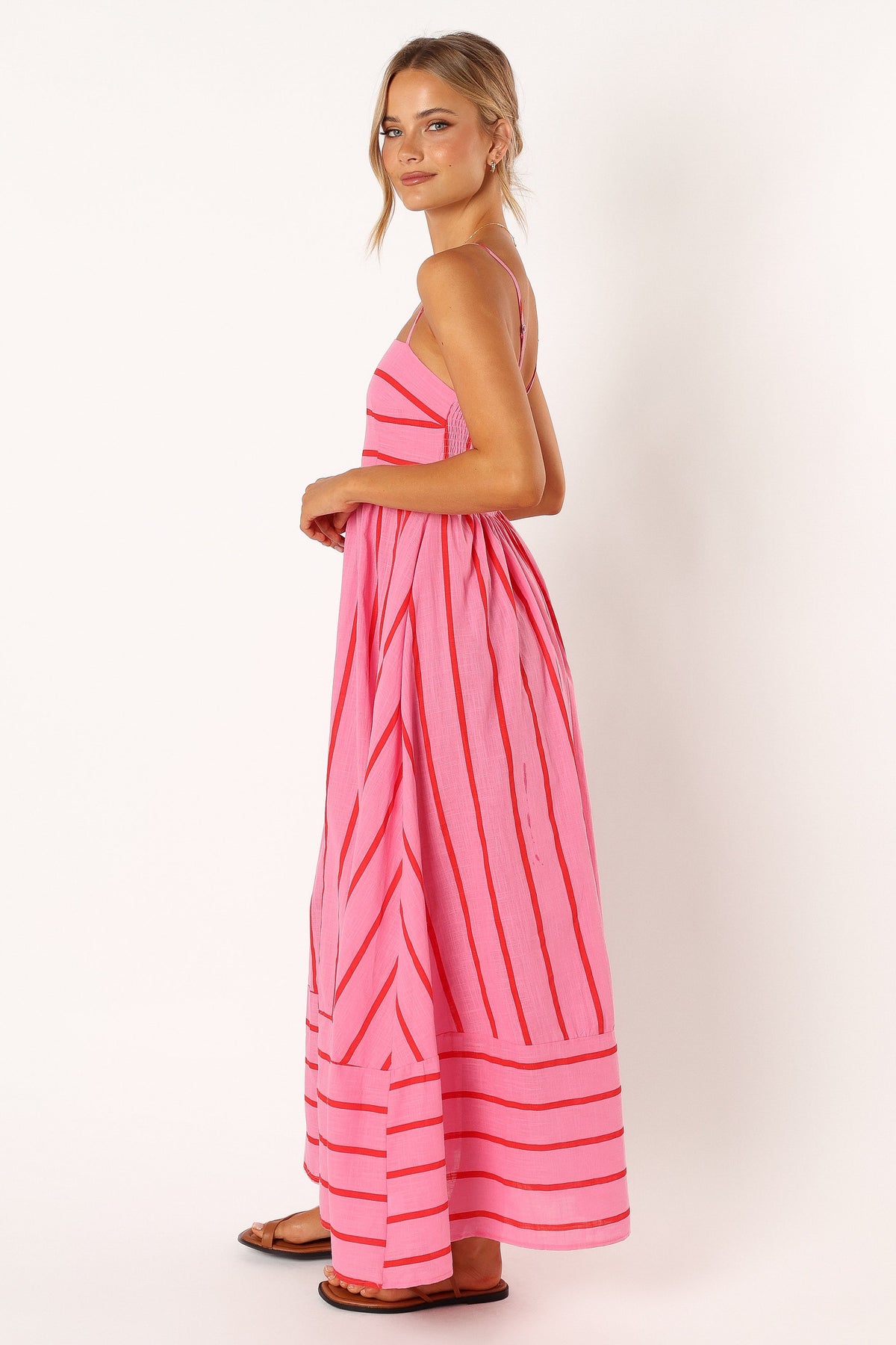 Martina Red Dress with Stripe Print and Tiered Skirt