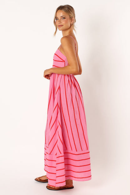 Martina Red Dress with Stripe Print and Tiered Skirt