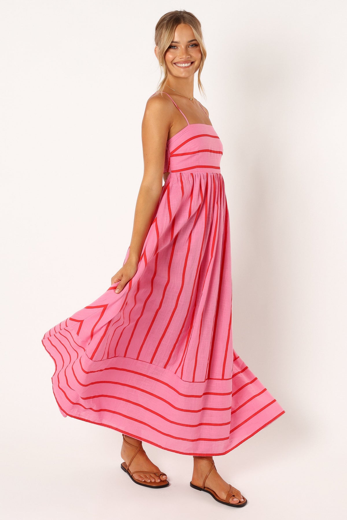 Martina Red Dress with Stripe Print and Tiered Skirt