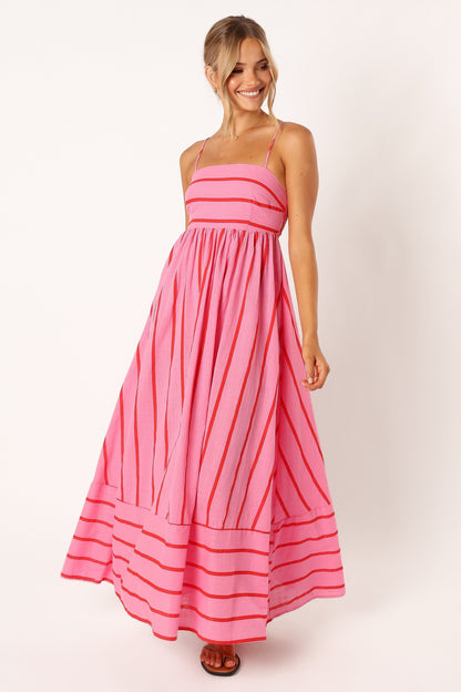 Martina Red Dress with Stripe Print and Tiered Skirt