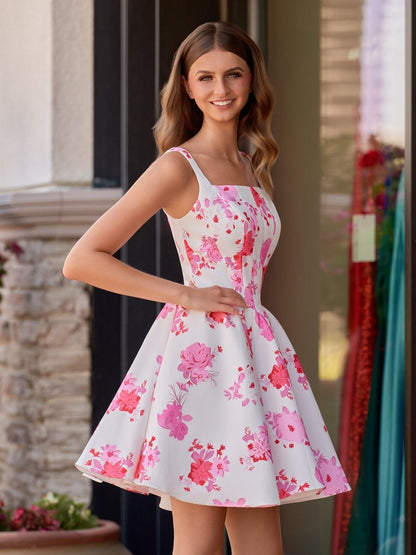 Henrietta Homecoming Dress with Floral Satin and Full Skirt