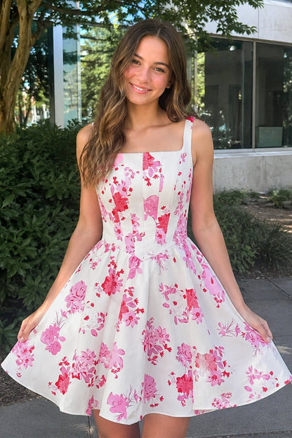 Henrietta Homecoming Dress with Floral Satin and Full Skirt