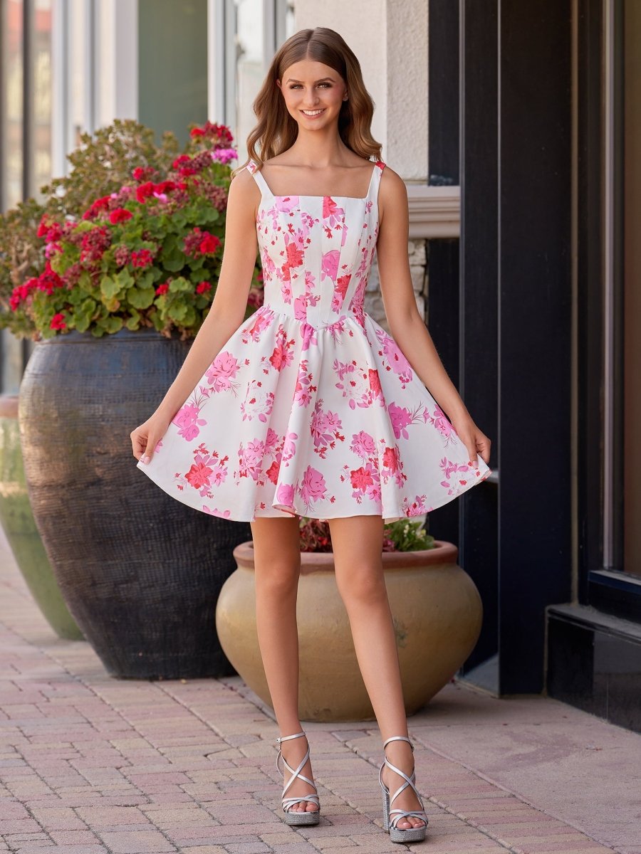 Henrietta Homecoming Dress with Floral Satin and Full Skirt