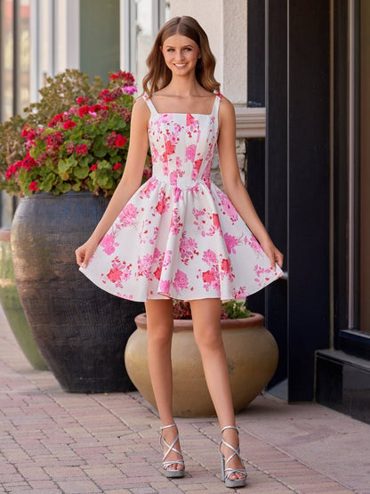 Henrietta Homecoming Dress with Floral Satin and Full Skirt