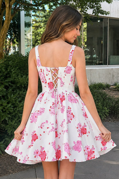 Henrietta Homecoming Dress with Floral Satin and Full Skirt