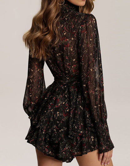 Frankie Black Dress with Floral Print and Ruffled Hem