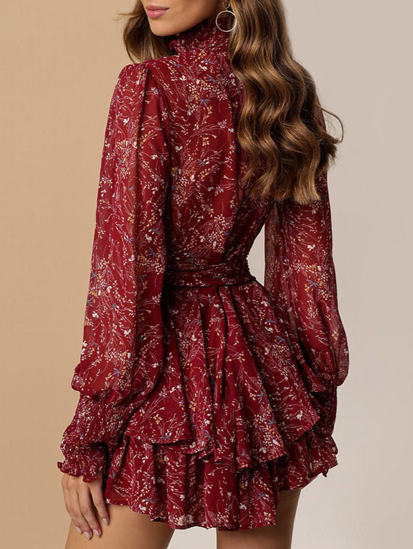 Frankie Black Dress with Floral Print and Ruffled Hem