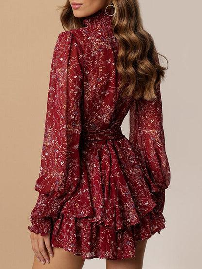 Frankie Black Dress with Floral Print and Ruffled Hem