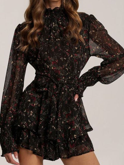 Frankie Black Dress with Floral Print and Ruffled Hem