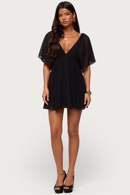Giulietta Black Mini Dress with Chiffon Babydoll and Flutter Sleeves