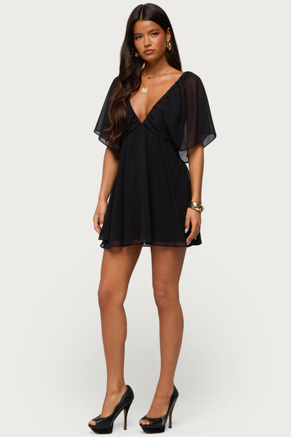 Giulietta Black Mini Dress with Chiffon Babydoll and Flutter Sleeves