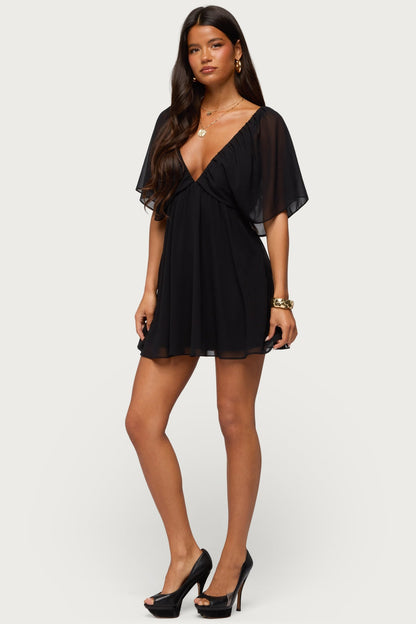 Giulietta Black Mini Dress with Chiffon Babydoll and Flutter Sleeves