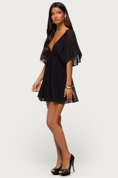 Giulietta Black Mini Dress with Chiffon Babydoll and Flutter Sleeves
