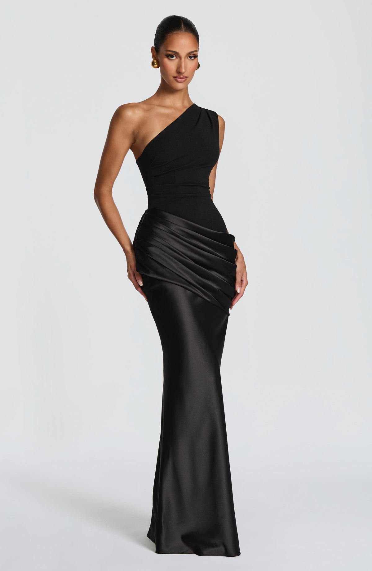Clea Black Dress with One Shoulder and Satin Sheen