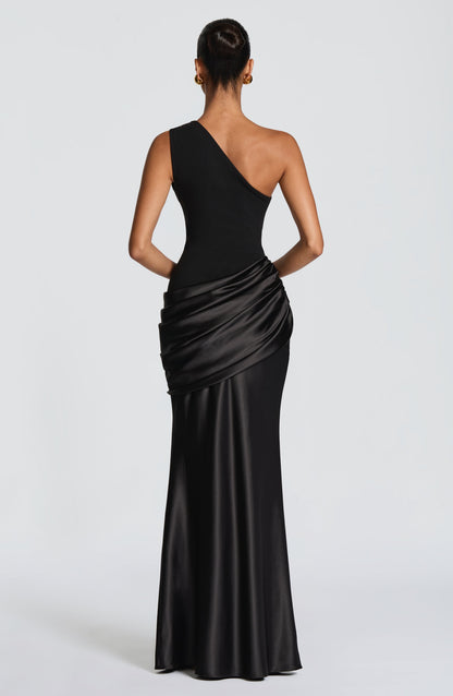 Clea Black Dress with One Shoulder and Satin Sheen