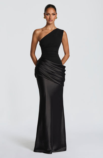 Clea Black Dress with One Shoulder and Satin Sheen