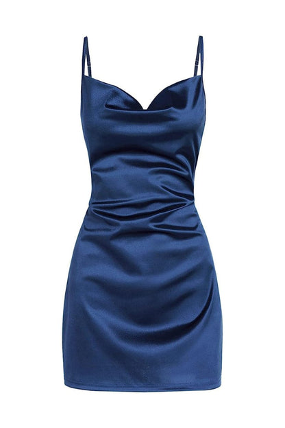 Gia Homecoming Dress with Cowl Neck and Satin Finish