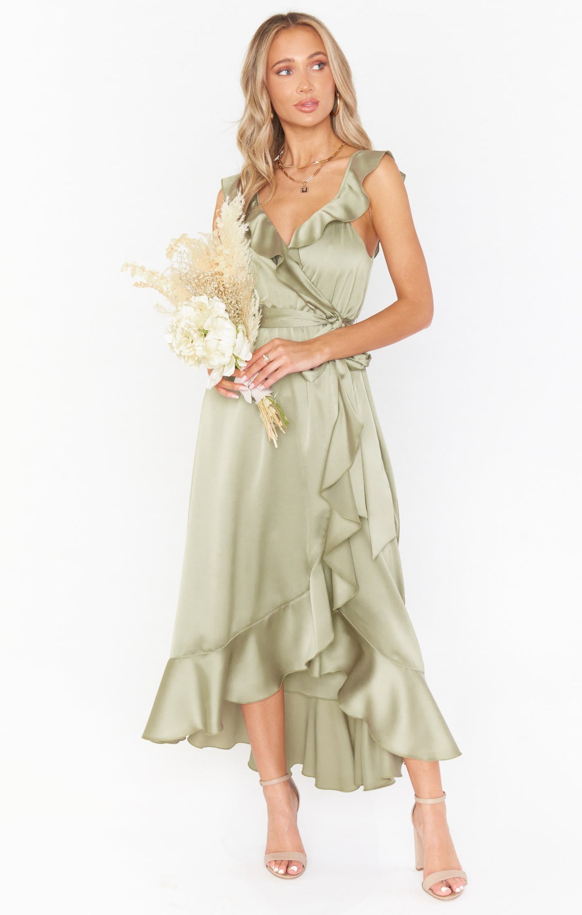 Leonor Green Dress with Wrap Front and Ruffle Trim